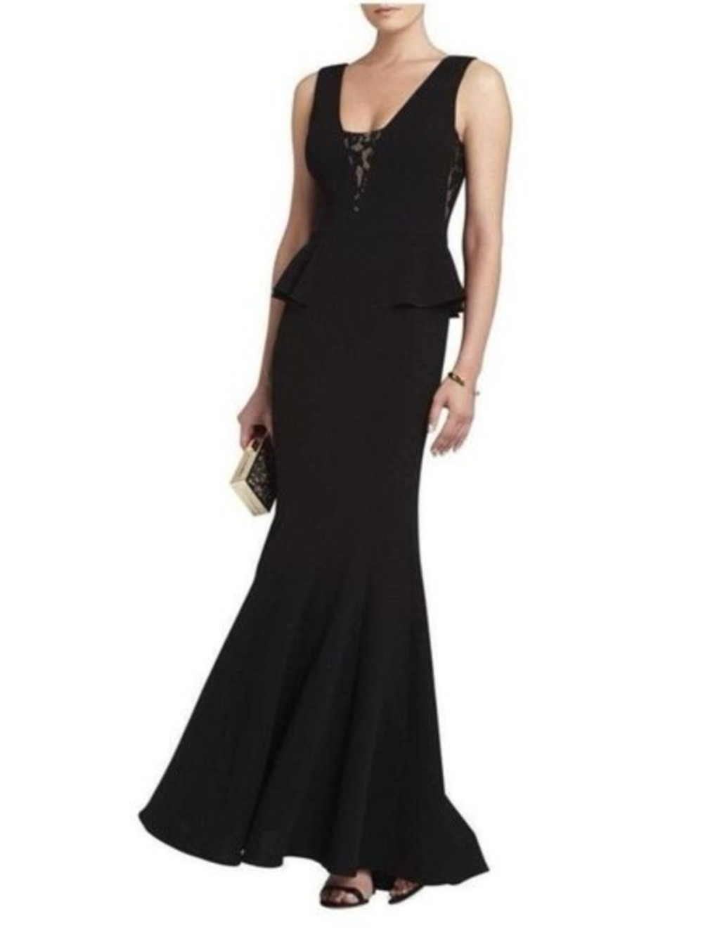 BCBGMaxAzria Black Peplum Lace-Front Mermaid Gown, Size 0